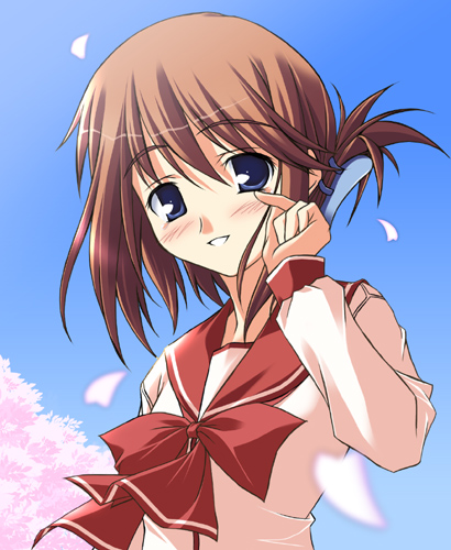 yuki (white garden), komaki manaka, to heart (series), to heart 2, lowres, 00s, 1girl, blue eyes, blush, brown hair, cherry blossoms, day, female focus, folded ponytail, hair up, petals, school uniform, serafuku, sky, smile, solo, upper body