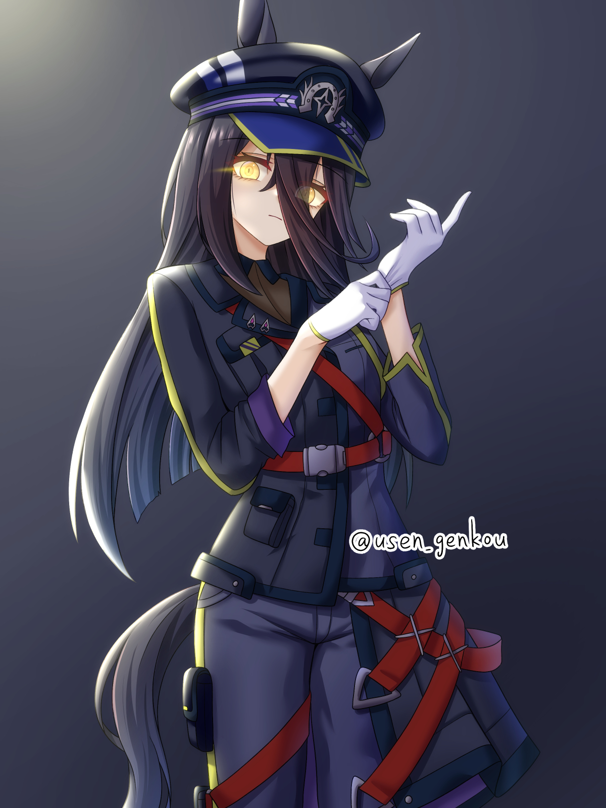yuusen (aenka), fenomeno (umamusume), manhattan cafe (umamusume), umamusume, commentary request, highres, 1girl, adjusting clothes, adjusting gloves, animal ears, black hair, black hat, black jacket, black pants, cosplay, fenomeno (umamusume) (cosplay), gloves, gradient background, grey background, hair between eyes, hat, horse ears, horse girl, horse tail, jacket, long hair, long hair between eyes, looking at viewer, pants, peaked cap, solo, tail, white gloves, yellow eyes