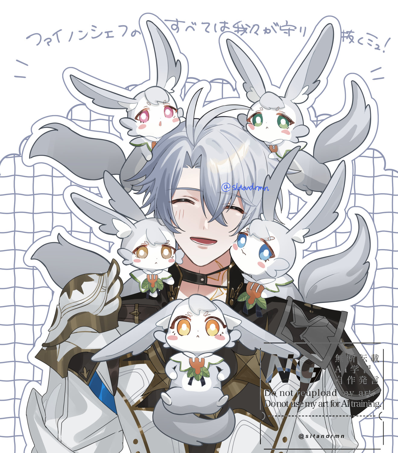 sltandrmn, phainon (honkai: star rail), honkai: star rail, honkai (series), highres, translation request, 1boy, antenna hair, armor, black choker, choker, closed eyes, coat, creature, crossed bangs, facing viewer, gold tattoo, grey hair, hair between eyes, male focus, neck tattoo, open mouth, parted bangs, pauldrons, short hair, shoulder armor, single pauldron, smile, solo, tattoo, upper body, white coat