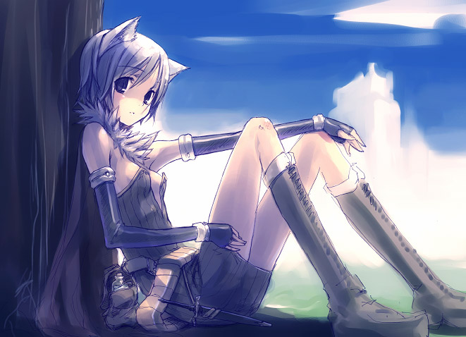 refeia, alchemist (ragnarok online), ragnarok online, 1girl, against tree, alchemist, animal ears, boots, cat ears, cloud, day, elbow gloves, female focus, field, fingerless gloves, gloves, grey boots, looking at viewer, outdoors, prontera, sky, solo, tree