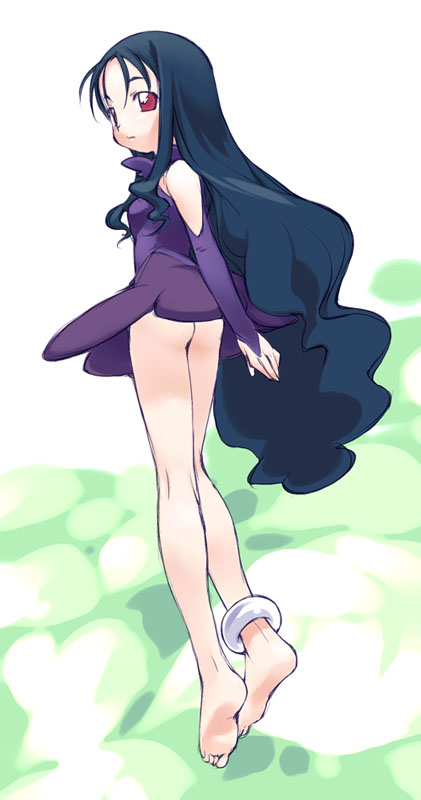 myuracchi (ayashii hon'ya), myuratch, pam, mushiking, 00s, 1girl, anklet, ass, barefoot, bridal gauntlets, feet, female focus, from behind, jewelry, long hair, looking back, no panties, red eyes, soles, solo, toes, very long hair