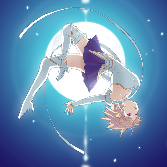 takenashi eri, arcueid brunestud, phantas-moon, tsukihime, 1girl, arched back, bare shoulders, blonde hair, boots, breasts, choker, cleavage, cosplay, crescent, crescent hair ornament, detached sleeves, dress, female focus, full moon, hair ornament, high heels, magical girl, medium breasts, moon, red eyes, shoes, short hair, skirt, solo, strapless, strapless dress, thigh boots, thighhighs, upside-down, zettai ryouiki