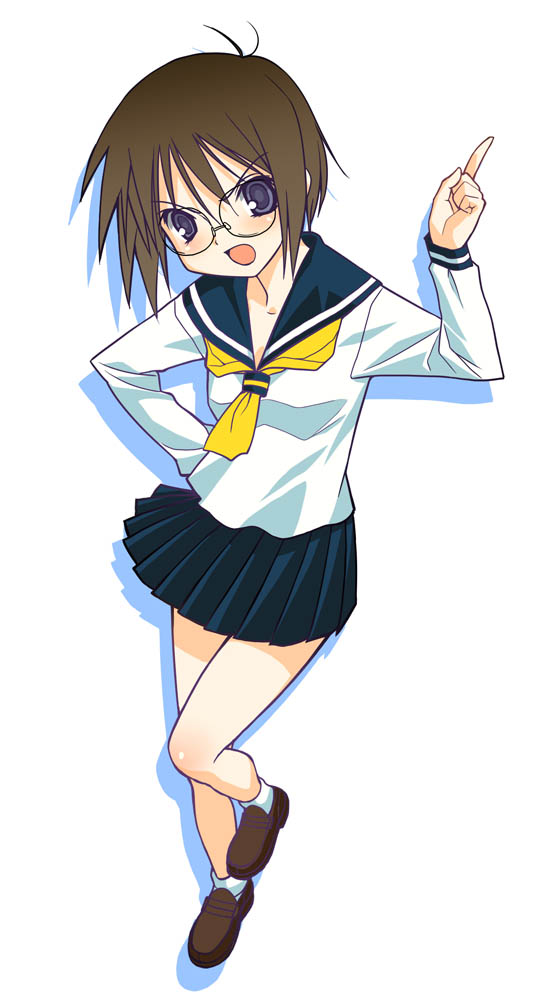 a1 (initial-g), 1girl, blue eyes, brown hair, brown shoes, female focus, glasses, pleated skirt, school uniform, serafuku, shoes, short hair, skirt, solo