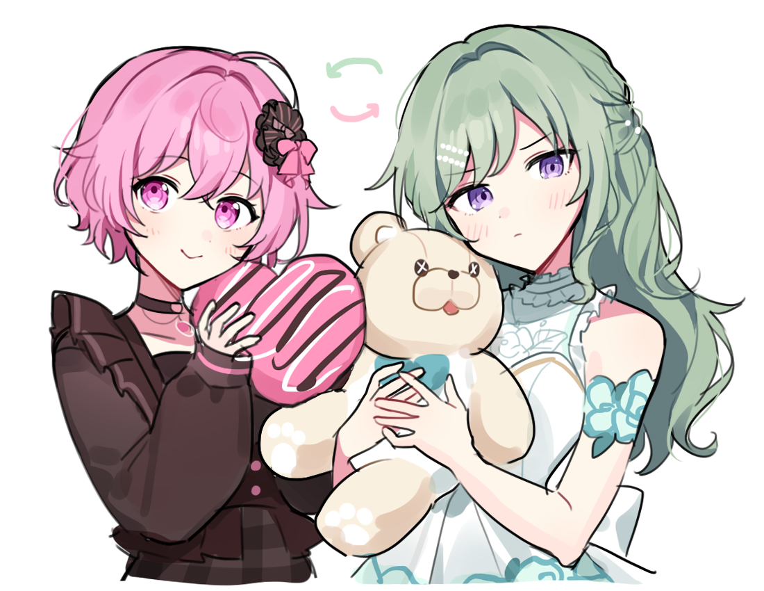waka (wk4444), kusanagi nene, ootori emu, project sekai, commentary request, 2girls, bare shoulders, blush, brown choker, brown shirt, choker, closed mouth, cropped torso, dress, green hair, heart, holding, holding heart, holding stuffed toy, long hair, long sleeves, looking at viewer, multiple girls, pink eyes, pink hair, plaid clothes, plaid shirt, purple eyes, shirt, short hair, simple background, sleeveless, sleeveless dress, smile, stuffed animal, stuffed toy, teddy bear, white background, white dress