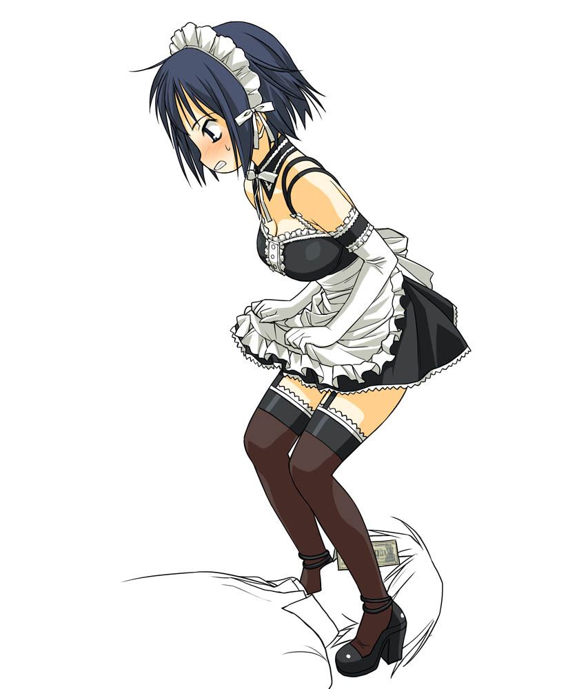 a1 (initial-g), nakabayashi yoshitaka, sawatari izumi, kore ga watashi no goshujin-sama, black footwear, self exposure, 00s, 1boy, 1girl, apron, arm garter, banknote, bare shoulders, black thighhighs, blue eyes, blue hair, blush, breasts, brown thighhighs, cleavage, clenched teeth, clothes lift, collared shirt, detached collar, dress, dress lift, elbow gloves, full body, garter straps, gloves, high heels, lifting own clothes, looking at another, maid, maid apron, maid headdress, medium breasts, money, nakabayashi yoshitaka's maid uniform, no bra, shirt, short hair, simple background, standing, sweatdrop, teeth, thighhighs, waist apron, white background, wing collar