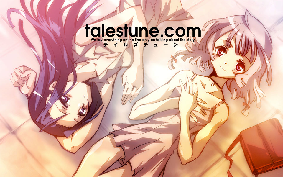 ueda yumehito, original, 2girls, arm up, bag, blush, bow, breasts, cleavage, dress, english text, engrish text, expressionless, from above, grey hair, hair bow, hands on own chest, long hair, looking at viewer, lying, multiple girls, open mouth, purple eyes, purple hair, ranguage, red eyes, rotational symmetry, short hair, smile, sunlight, thighs, very long hair, wing collar