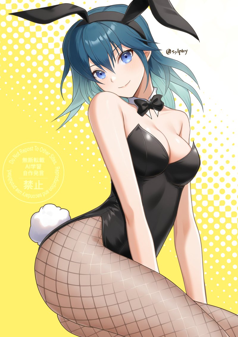sylphy fe, female byleth (fire emblem), fire emblem, fire emblem: three houses, nintendo, 1girl, animal ears, bare shoulders, black bow, black bowtie, black leotard, blue eyes, blue hair, bow, bowtie, breasts, cleavage, closed mouth, detached collar, fake animal ears, fishnet pantyhose, fishnets, hair between eyes, leotard, long hair, looking at viewer, medium breasts, medium hair, pantyhose, playboy bunny, rabbit ears, rabbit tail, simple background, smile, solo, strapless, strapless leotard, tail