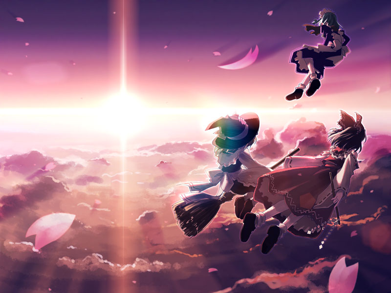 yuuki tatsuya, hakurei reimu, izayoi sakuya, kirisame marisa, perfect cherry blossom, touhou, 3girls, blonde hair, broom, broom riding, cloud, female focus, flying, gohei, hat, multiple girls, petals, scarf, scenery, sky, sun, witch, witch hat