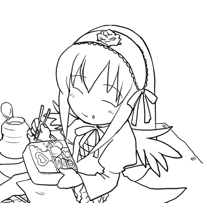 suigintou, rozen maiden, animated, animated gif, lowres, 00s, bento, eating, food, food on face, gothic lolita, greyscale, lolita fashion, monochrome, simple background, solo, white background