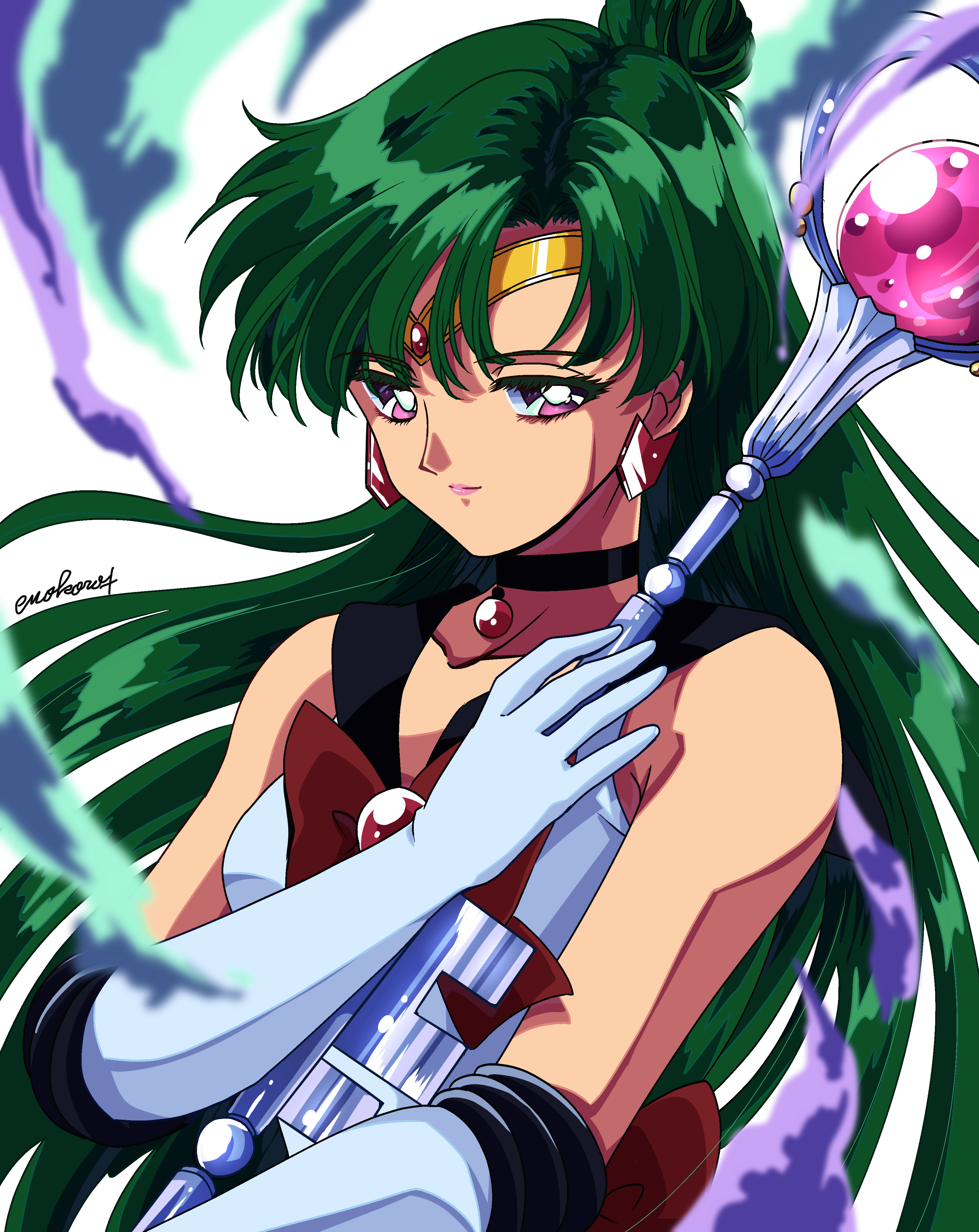meiou setsuna, sailor pluto, bishoujo senshi sailor moon, absurdres, highres, akasi0807, black choker, boots, bow, brooch, choker, circlet, earrings, elbow gloves, garnet rod, gem, gloves, green hair, hair bun, holding, jewelry, lips, long hair, magical girl, pendant choker, red bow, red eyes, red gemstone, sailor collar, sailor senshi uniform, single hair bun, skirt, smile, white gloves