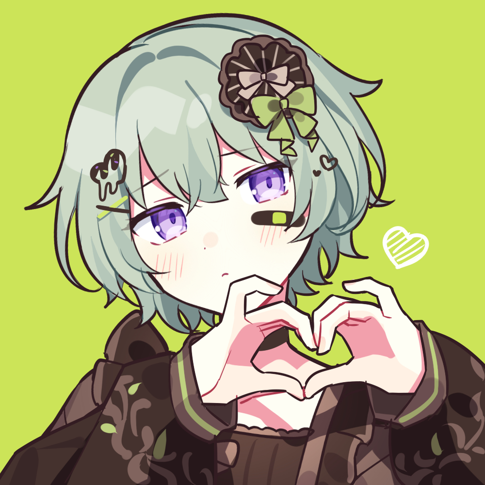 waka (wk4444), kusanagi nene, project sekai, commentary request, 1girl, bandaid, bandaid on face, blush, bow, brown shirt, candle no kaori wa omoide to tomo ni (project sekai), closed mouth, frown, green background, green bow, green hair, green theme, hair bow, hair ornament, heart, heart hair ornament, heart hands, long sleeves, looking at viewer, portrait, puffy long sleeves, puffy sleeves, shirt, short hair, solo