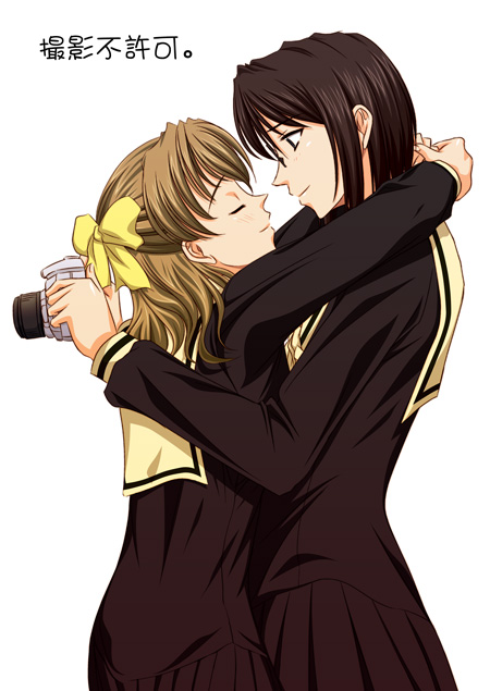 milk-candy, naitou shouko, takeshima tsutako, maria-sama ga miteru, 00s, 2girls, arms around neck, bow, brown hair, camera, closed eyes, couple, from side, glasses, hair bow, holding, holding camera, hug, looking at another, multiple girls, pleated skirt, school uniform, serafuku, shouko, skirt, yuri