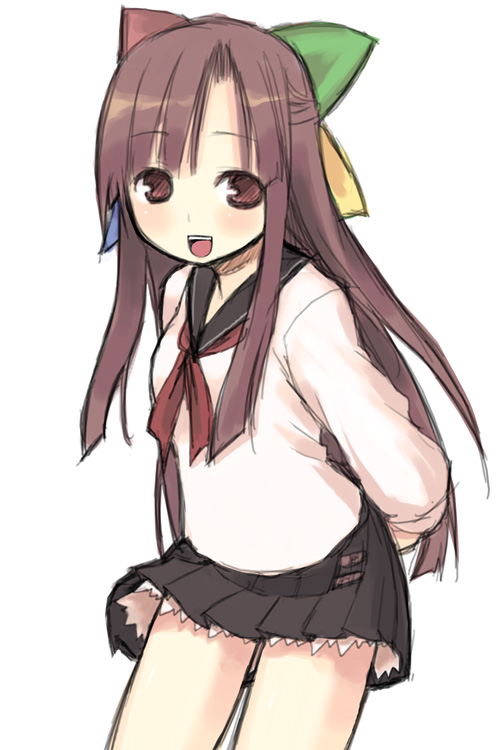 kashiwamochi yomogi, 95-tan, os-tan, 1girl, :d, arms behind back, blush, bow, brown hair, female focus, hair ribbon, half updo, large bow, long hair, looking at viewer, open mouth, pink eyes, pleated skirt, ribbon, school uniform, serafuku, skirt, smile, solo
