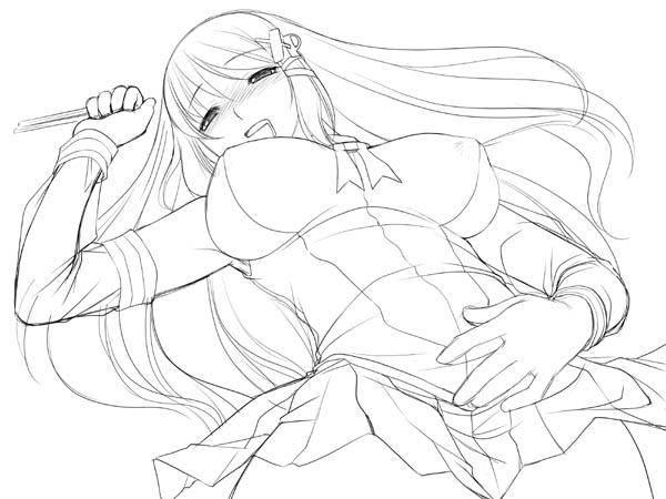 asakura sakura, xp-tan, os-tan, 1girl, armpits, blush, breasts, chopsticks, covered erect nipples, detached sleeves, drooling, female focus, greyscale, hair ornament, hair ribbon, hairclip, large breasts, lineart, long hair, lying, monochrome, on back, pleated skirt, ribbon, saliva, skirt, solo