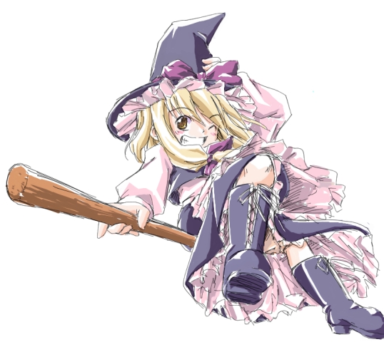 neko shiki (artist), kirisame marisa, touhou, 1girl, blonde hair, broom, broom riding, female focus, from below, hand on headwear, hat, one eye closed, sidesaddle, simple background, solo, white background, wink, witch hat, yellow eyes