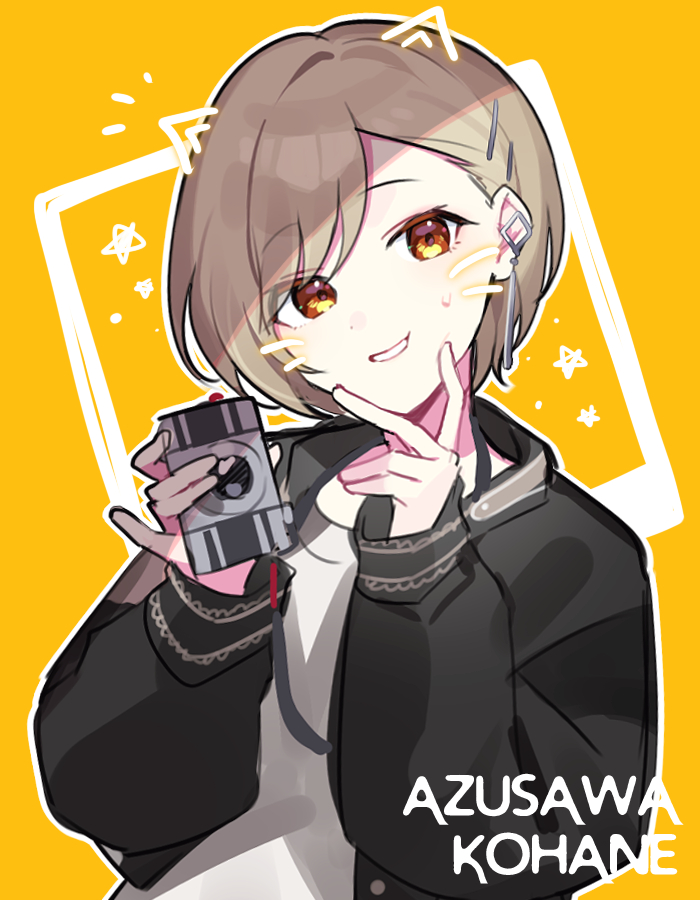 waka (wk4444), azusawa kohane, project sekai, commentary request, 1girl, brown hair, camera, character name, colorful festival (project sekai), dot nose, drawn ears, drawn whiskers, hair ornament, hairpin, hands up, holding, holding camera, jacket, long sleeves, official alternate costume, official alternate hair length, official alternate hairstyle, open clothes, open jacket, orange eyes, short hair, smile, solo, star (symbol), teeth, upper body