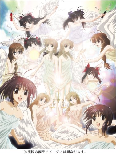 hinagiku lala, hinagiku lulu, ichijou kaoruko, ichijou sumireko, momoi ai, momoi mai, sakurazuki kira, sakurazuki yura, shirogane sara, shirogane souju, futakoi, lowres, 00s, 6+girls, angel, angel wings, black hair, brown hair, everyone, feathers, glasses, multiple girls, siblings, sisters, towel, twins, twintails, weighing scale, wings