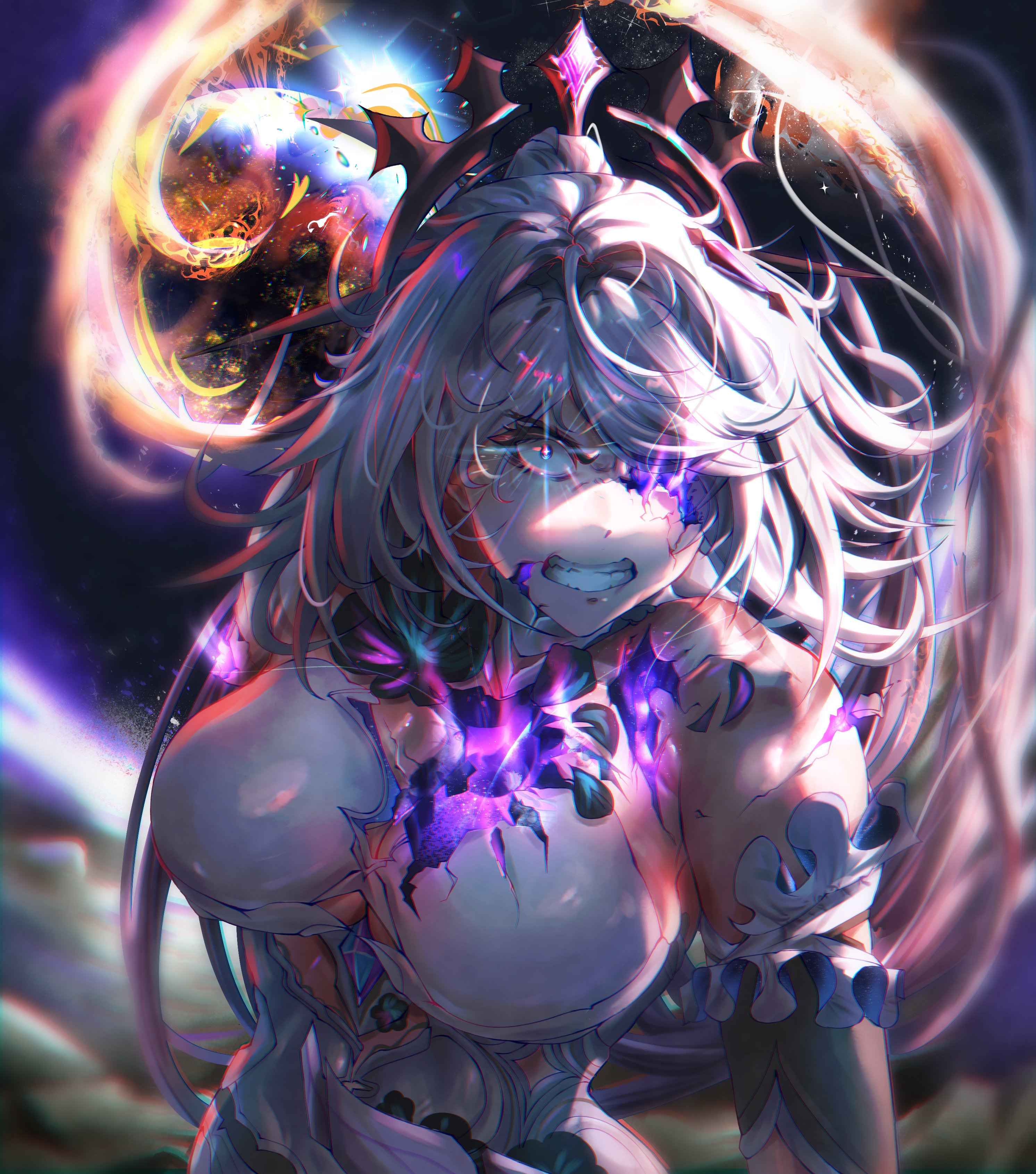 kiana kaslana, kiana kaslana (herrscher of finality), honkai (series), honkai impact 3rd, absurdres, commentary, english commentary, highres, 1girl, bardomoshi, black flower, breasts, clenched teeth, cracked skin, dress, flower, large breasts, long hair, ponytail, solo, teeth, upper body, white dress