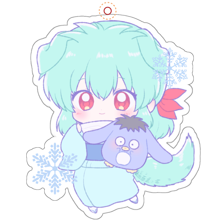 morishi (bearxforest), puu (yu yu hakusho), yukina (yu yu hakusho), yuu yuu hakusho, commentary request, 1girl, animal ears, beak, black hair, blue kimono, blue sash, chibi, chibi only, creature, dog ears, dog tail, flippers, floppy ears, full body, geta, green hair, hair ribbon, hand up, japanese clothes, kemonomimi mode, kimono, light blush, long hair, looking at viewer, o o, red eyes, red ribbon, ribbon, sash, scarf, sidelocks, smile, snowflakes, tabi, tail, white scarf