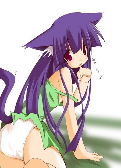 shirogane (platinum), furude rika, higurashi no naku koro ni, 00s, 1girl, animal ears, ass, blue hair, blunt bangs, cat ears, cat tail, dress, female focus, green dress, green skirt, hime cut, loli, long hair, looking back, off shoulder, panties, red eyes, skirt, solo, tail, tongue, underwear, white panties