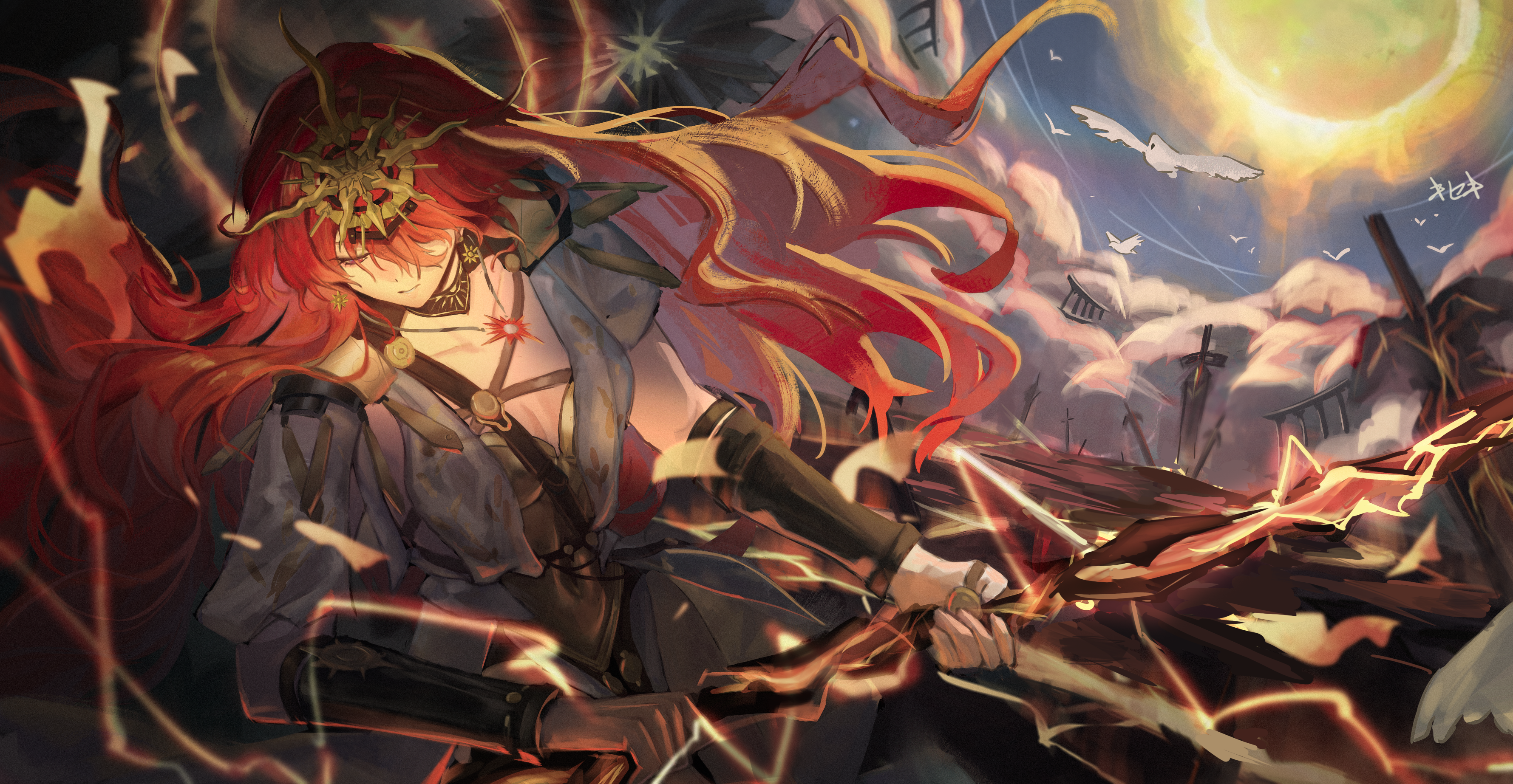 kutu, augusta (wuthering waves), wuthering waves, absurdres, commentary request, highres, 1girl, ancient greek clothes, arm armor, armor, black collar, breastplate, breasts, closed mouth, collar, dress, earrings, from above, greco-roman clothes, head wreath, headgear, holding, holding sword, holding weapon, jewelry, long hair, long sword, looking down, medium breasts, necklace, orange hair, pink eyes, red eyes, solo, sun earrings, sun necklace, sword, very long hair, weapon, white dress