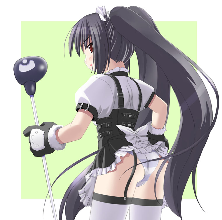 kooh (pangya), pangya, blue panties, clothes lift, garter belt, panties, skirt, skirt lift, striped clothes, striped panties, thighhighs, twintails, underwear, white thighhighs