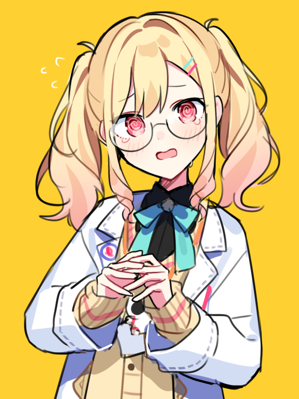 waka (wk4444), tenma saki, project sekai, commentary request, 1girl, @ @, black shirt, blonde hair, blue bow, blue bowtie, blush, bow, bowtie, cardigan, collared shirt, embarrassed, flying sweatdrops, get over it. (project sekai), lab coat, long hair, long sleeves, looking at viewer, open mouth, ribbon-trimmed sleeves, ribbon trim, shirt, sidelocks, simple background, solo, sweat, tears, twintails, upper body, wing collar, yellow background, yellow cardigan