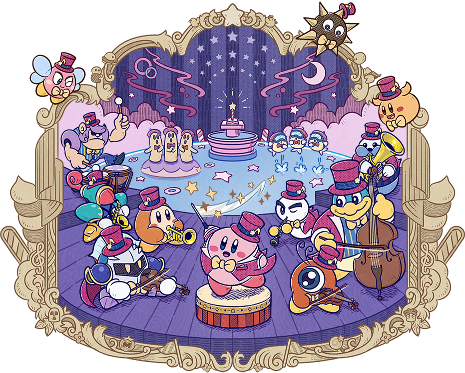 blipper, bonkers, bounder, bronto burt, cappy (kirby), chilly (kirby), glunk (kirby), gordo, kabu (kirby), king dedede, kirby, meta knight, mr. frosty, scarfy, starman (kirby), sword knight, twizzy, ufo (kirby), waddle dee, waddle doo, kirby (series), nintendo, archived source, artist request, instrument request, official art, second-party source, :o, armor, blue eyes, blue shirt, blush, blush stickers, bourbon (kirby), bow, bowtie, cape, closed mouth, drum, drumsticks, fish, flag, floating, fountain, fountain of dreams, goggles, hat, hat ornament, holding, holding baton, holding drumsticks, holding instrument, holding saxophone, holding violin, instrument, invincible candy, jacket, laser ball, mask, maxim tomato, music, musical note hat ornament, one-eyed, one eye closed, open clothes, open jacket, open mouth, playing instrument, purple cape, purple hat, purple jacket, red bow, red bowtie, saxophone, shirt, shoulder armor, smile, spikes, star (symbol), star rod, striped clothes, striped shirt, swim goggles, thick eyebrows, tookey, top hat, transparent background, treble clef, tuba, vertical-striped clothes, vertical-striped shirt, violin, water, yellow bow, yellow bowtie