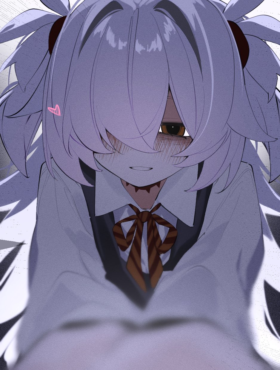 shihiki, kanoe (blue archive), blue archive, highres, 1girl, bags under eyes, brown ribbon, diagonal-striped ribbon, dress, empty eyes, hair intakes, hair over one eye, heart, looking at viewer, messy hair, no halo, orange eyes, parted lips, pinafore dress, pov, ribbon, scar, scar on neck, simple background, sleeveless, sleeveless dress, smile, solo, strangling, upper body, white background