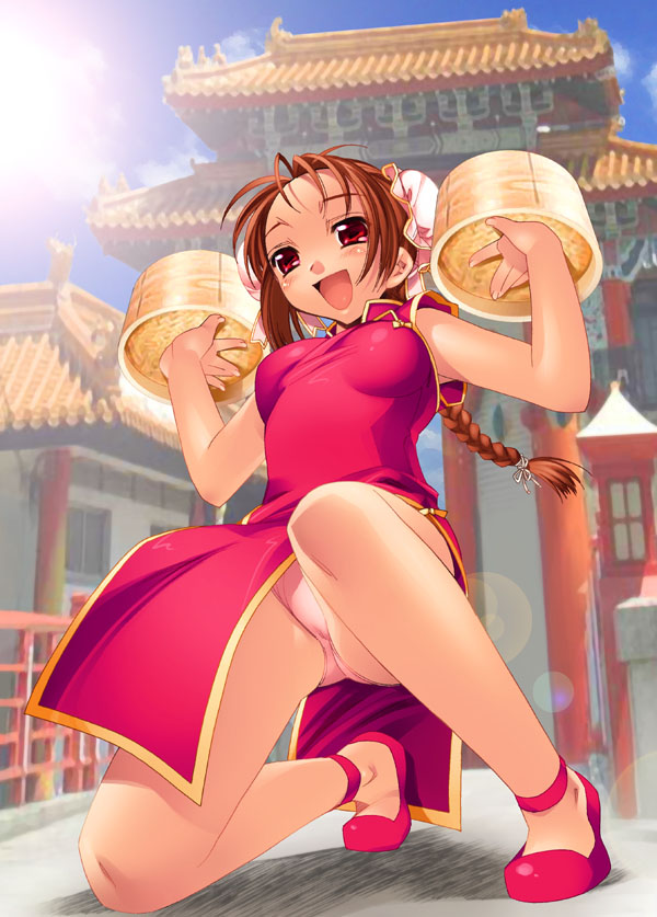 hiyohiyo, 1girl, :d, ||/, bamboo steamer, braid, brown hair, bun cover, china dress, chinese clothes, day, dorsiflexion, double bun, dress, female focus, food, hair bun, lens flare, on one knee, open mouth, panties, pantyshot, pink panties, red eyes, smile, solo, sun, underwear, wrists extended
