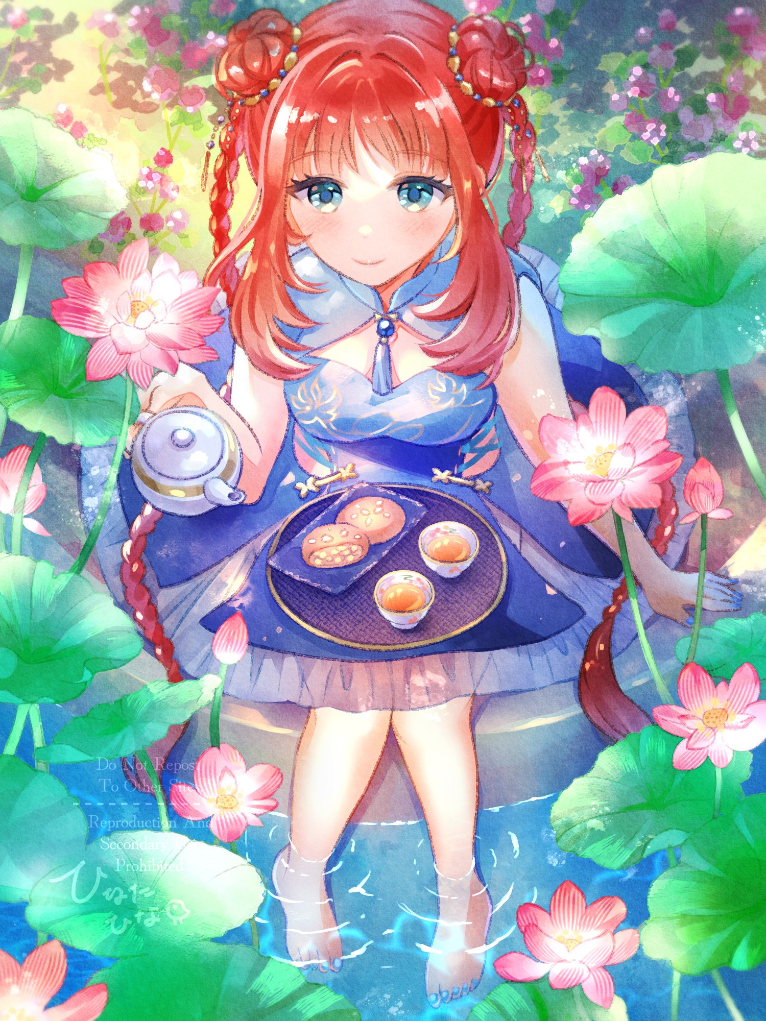 hina cassiopeia, nilou (genshin impact), genshin impact, braided twintails, commentary request, highres, 1girl, alternate costume, alternate hairstyle, aqua eyes, aqua nails, barefoot, blue dress, blush, braid, closed mouth, cup, day, double bun, dress, fingernails, hair bun, hand up, holding, holding teapot, long hair, looking at viewer, nail polish, object on lap, outdoors, red hair, sitting, smile, solo, tassel, teacup, teapot, toe dipping, toenail polish, toenails, tray, very long hair