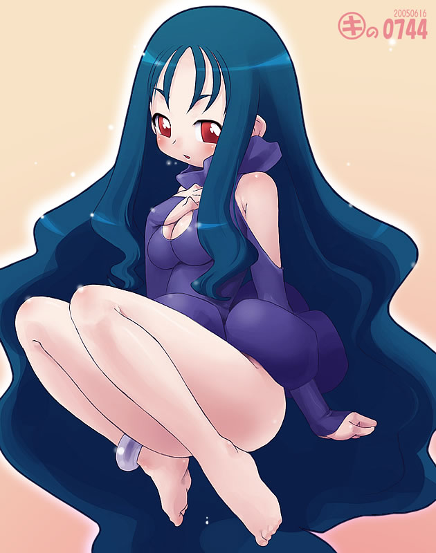 kei jiei, pam, mushiking, 00s, 1girl, anklet, barefoot, blue hair, blush, breasts, bridal gauntlets, cleavage, cleavage cutout, clothing cutout, feet, female focus, hand on own chest, jewelry, long hair, open mouth, red eyes, small breasts, solo, very long hair