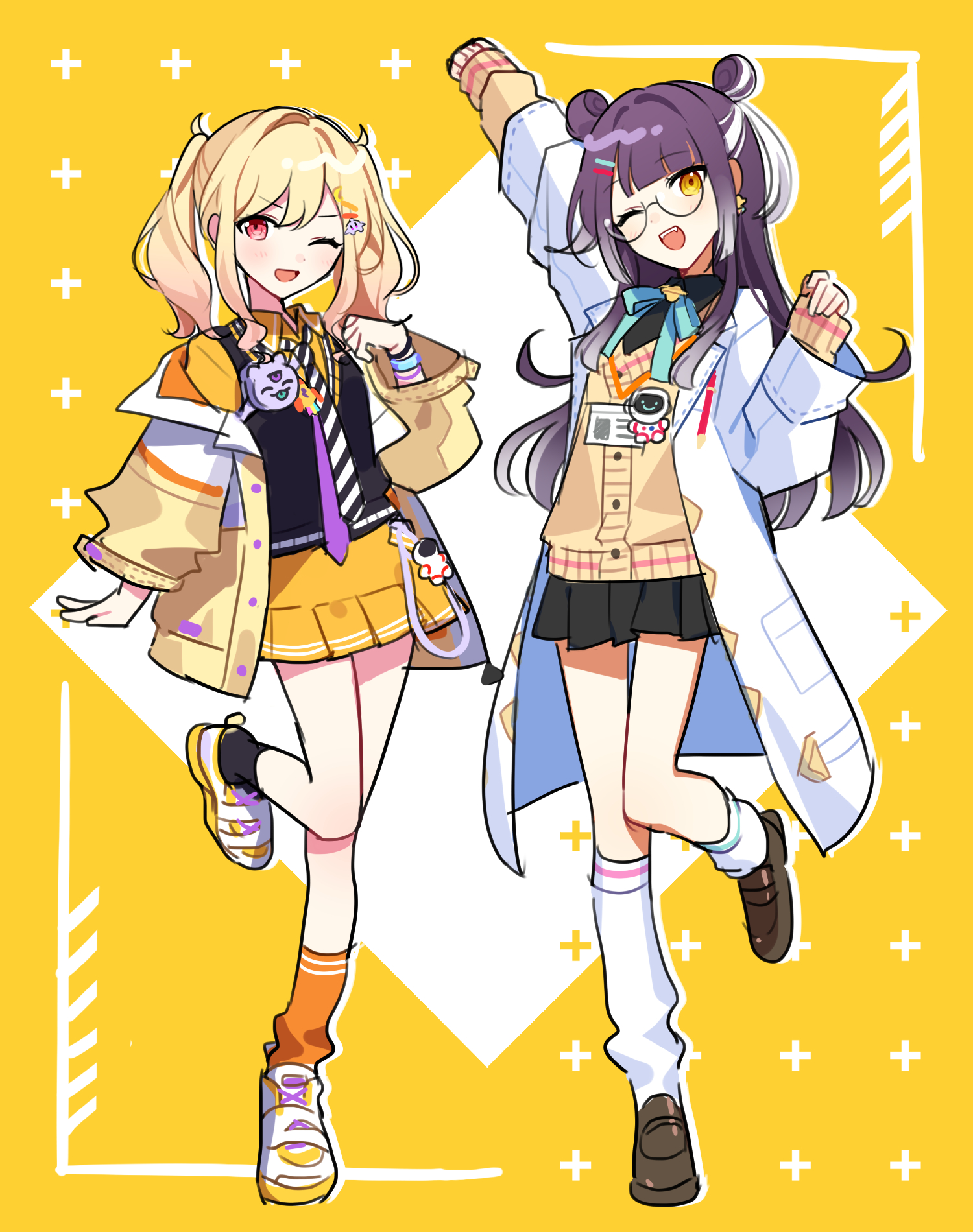 waka (wk4444), tenma saki, umise yotsuha, umise yotsuha (1st costume), nijisanji, project sekai, commentary request, highres, 2girls, :d, arm up, asymmetrical legwear, black dress, black socks, black sweater vest, blonde hair, blue bow, blue bowtie, bow, bowtie, brown shoes, cardigan, coat, collared dress, cosplay, costume switch, double bun, dress, full body, get over it. (project sekai), glasses, hair bun, id card, lab coat, loafers, long sleeves, loose socks, mismatched legwear, multicolored hair, multiple girls, necktie, off shoulder, one eye closed, open mouth, orange socks, phone in pocket, pink eyes, purple hair, shoes, smile, sneakers, socks, standing, standing on one leg, streaked hair, striped necktie, sweater vest, tenma saki (cosplay), twintails, ufo hair ornament, umise yotsuha (cosplay), virtual youtuber, white coat, white hair, white shoes, white socks, yellow background, yellow cardigan, yellow dress