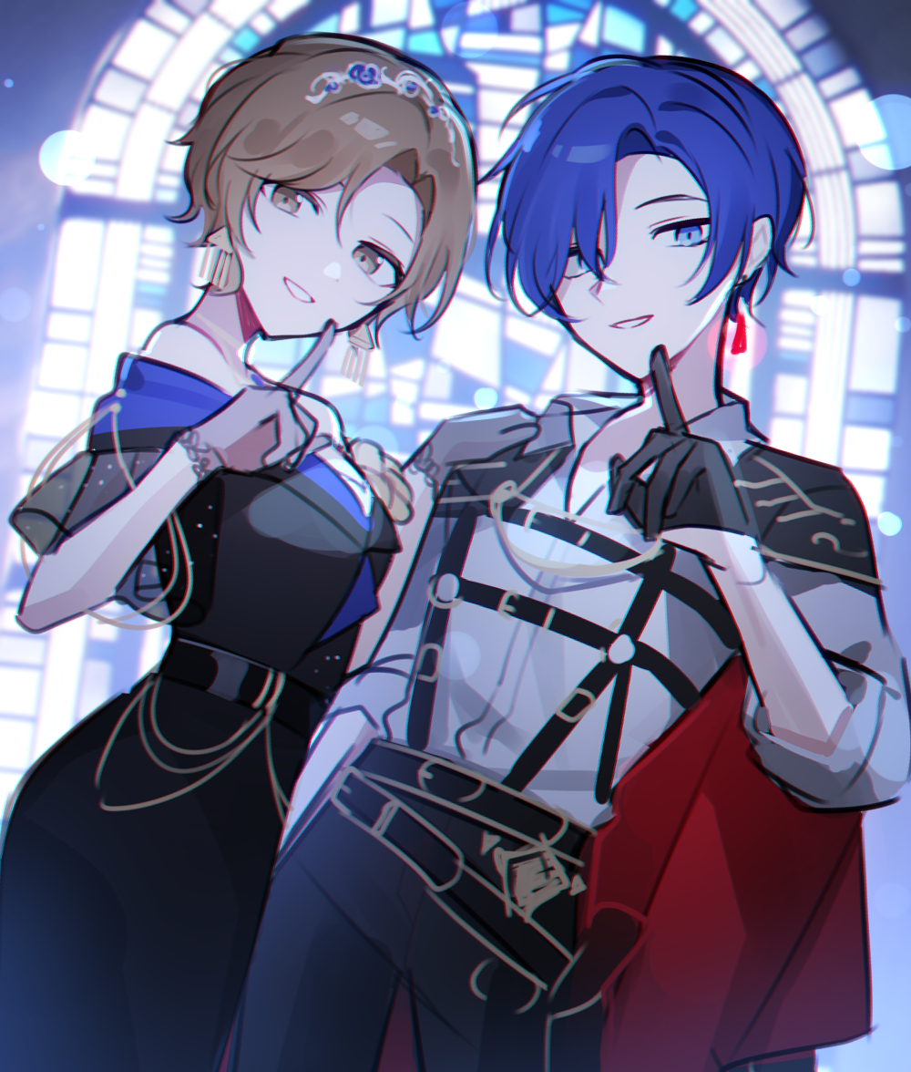 waka (wk4444), kaito (vocaloid), meiko (vocaloid), vivid bad squad kaito, vivid bad squad meiko, project sekai, vocaloid, commentary request, 1boy, 1girl, aozora ni negau your happiness! (project sekai), belt, black belt, black dress, black gloves, black pants, blue eyes, blue hair, brown eyes, brown hair, chest harness, coat, coat on shoulders, dress, earrings, gloves, gold trim, half gloves, harness, jewelry, lace, lace gloves, long sleeves, looking at viewer, never give up cooking! (project sekai), off-shoulder dress, off shoulder, official alternate costume, official alternate hairstyle, pants, shirt, short hair, stained glass, tiara, white shirt