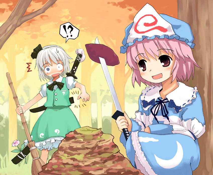 kito (sorahate), konpaku youmu, saigyouji yuyuko, touhou, silver hair, !?, 2girls, ^^^, autumn, autumn leaves, bamboo broom, blouse, broom, collared shirt, constricted pupils, drooling, female focus, flower, food, forest, hairband, hat, headband, holding, holding broom, japanese clothes, katana, leaf, mismatched irises, mob cap, multiple girls, nature, open mouth, pink hair, roasted sweet potato, shirt, speech bubble, spoken interrobang, squatting, surprised, sweet potato, sword, triangular headpiece, wakizashi, wavy hair, weapon, white shirt