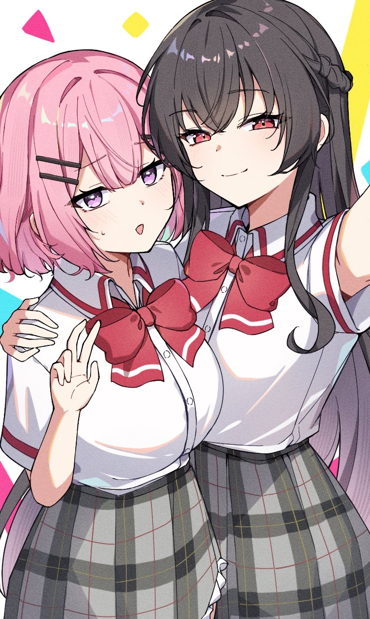 eydhtn73bguru8r, amaori renako, koto satsuki, watashi ga koibito ni nareru wake naijan murimuri!, highres, 2girls, black hair, bow, bowtie, long hair, multiple girls, pink hair, red bow, red bowtie, school uniform, selfie, short hair, smile, v