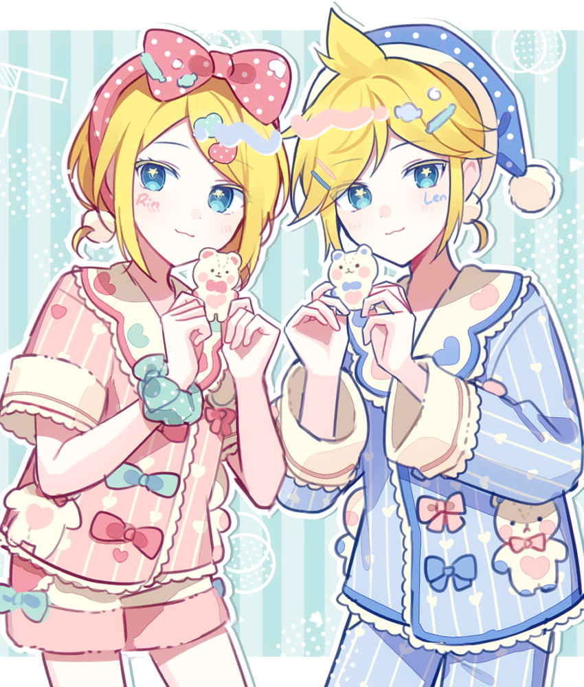 waka (wk4444), kagamine len, kagamine rin, vocaloid, commentary request, 1boy, 1girl, :3, blonde hair, blue eyes, blue jacket, blue pajamas, blue pants, blush, bow, brother and sister, character name, closed mouth, cowboy shot, frilled shirt, frilled shirt collar, frills, hair bow, hair ornament, hairclip, hat, holding, holding stuffed toy, jacket, long sleeves, looking at viewer, nightcap, pajamas, pants, pink bow, pink pajamas, pink shirt, polka dot, polka dot bow, shirt, shorts, siblings, stuffed animal, stuffed toy, teddy bear, twins, white shorts