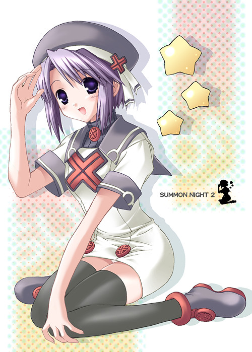 miyabi juri, toris, summon night, summon night 2, light purple hair, 1girl, :d, black thighhighs, blush, cover, dress, female focus, hat, kneeling, knees together feet apart, open mouth, panties, pantyshot, purple eyes, purple hair, short dress, short hair, sitting, smile, solo, star (symbol), star symbol background, thighhighs, turtleneck, underwear, wariza, waving, white panties, zettai ryouiki