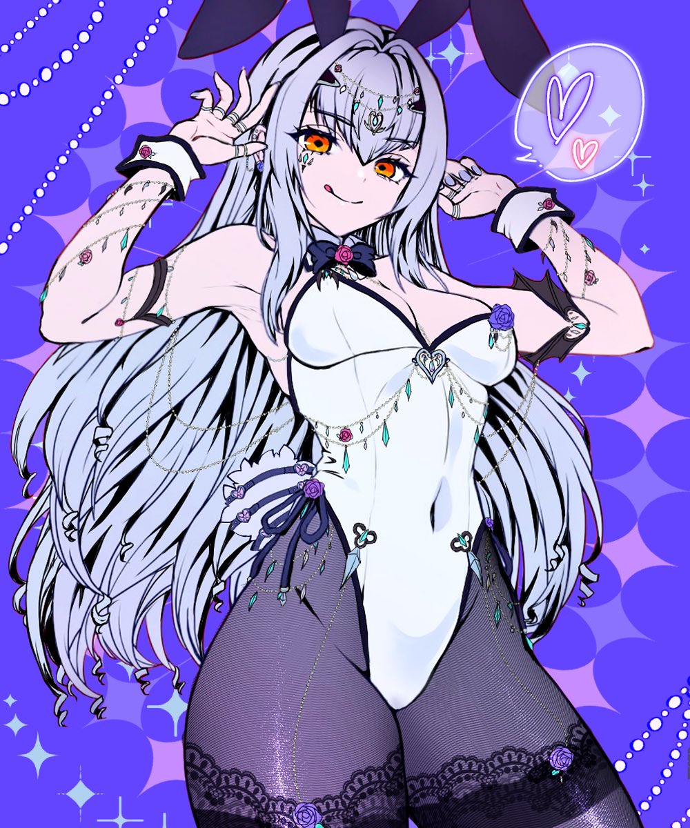 satou nui, melusine (fate), fate/grand order, fate (series), highres, 1girl, animal ears, bare shoulders, bow, bowtie, breasts, cleavage, covered navel, detached collar, forked eyebrows, gold trim, grey pantyhose, highleg, highleg leotard, leotard, licking lips, long hair, looking at viewer, medium breasts, pantyhose, playboy bunny, rabbit ears, sidelocks, smile, solo, thighband pantyhose, thighs, tongue, tongue out, white hair, white leotard, wrist cuffs, yellow eyes