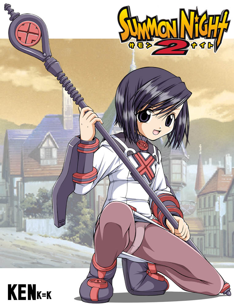 toris, summon night, summon night 2, 1girl, blue eyes, blue hair, female focus, matching hair/eyes, open mouth, panties, panties under pantyhose, pantyhose, pantyshot, purple pantyhose, short hair, solo, squatting, staff, turtleneck, underwear, upskirt