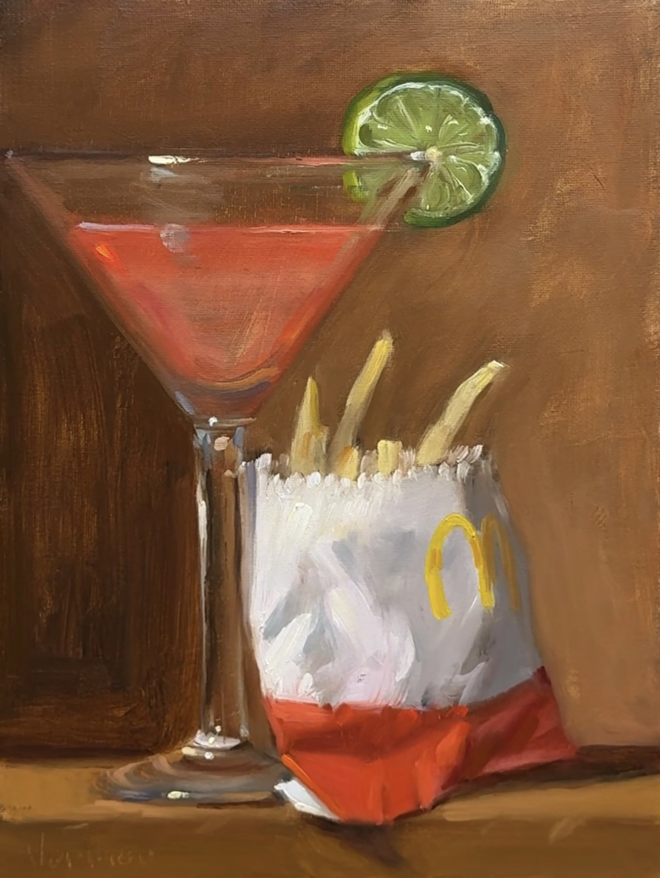 noah verrier, mcdonald's, commentary, english commentary, highres, oil painting (medium), painting (medium), traditional media, cocktail, cocktail glass, cup, drink, drinking glass, food, food focus, french fries, fruit, lime (fruit), lime slice, no humans, still life