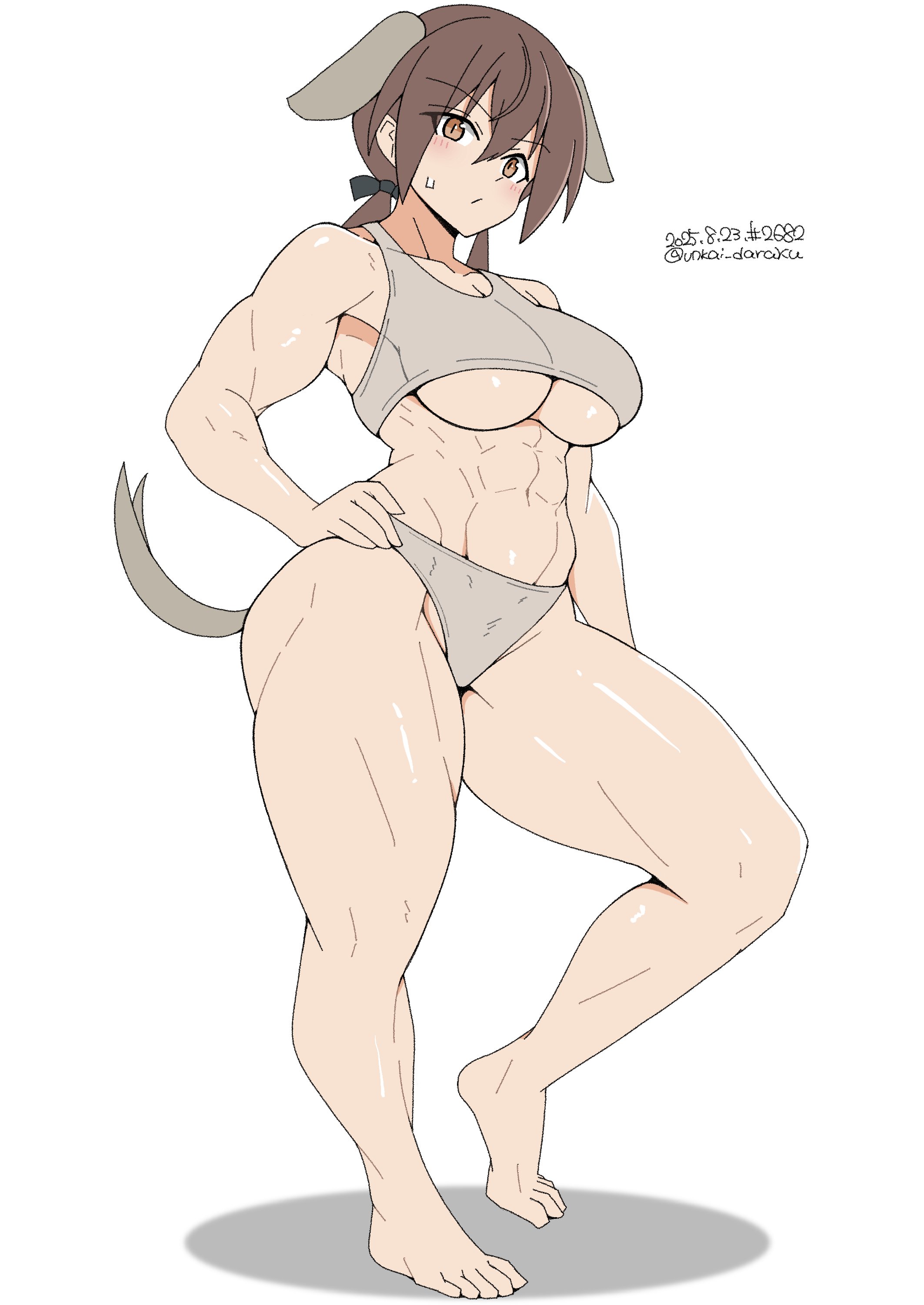 unkai daraku, gertrud barkhorn, strike witches, world witches series, 1girl, animal ears, blush, breasts, brown eyes, brown hair, dog ears, dog tail, full body, grey panties, grey sports bra, large breasts, navel, panties, simple background, solo, sports bra, tail, twintails, underboob, underwear, white background