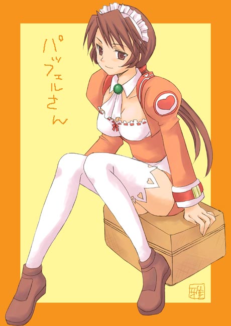paffel, summon night, summon night 2, 1girl, ascot, breasts, brown eyes, brown hair, cleavage, female focus, heart, large breasts, legs, long hair, long sleeves, maid headdress, orange shirt, shirt, sitting, sitting on object, smile, solo, thighhighs, white thighhighs