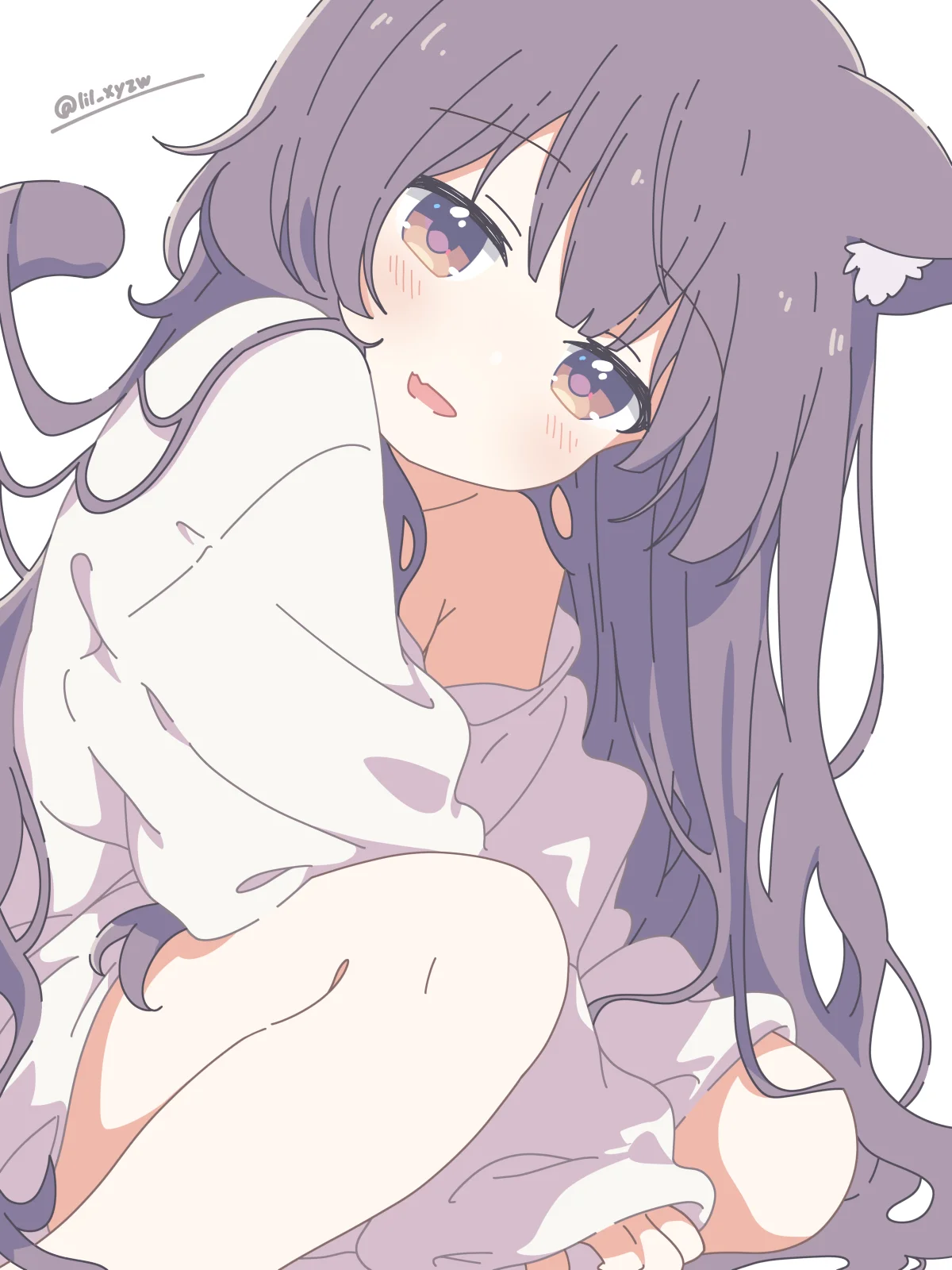 lil (lil xyzw), original, highres, webp-to-png conversion, 1girl, :d, animal ears, brown eyes, brown hair, cat ears, cat girl, cat tail, fang, long hair, long sleeves, looking at viewer, off shoulder, open mouth, oversized clothes, oversized shirt, shirt, skin fang, smile, squatting, tail, white shirt
