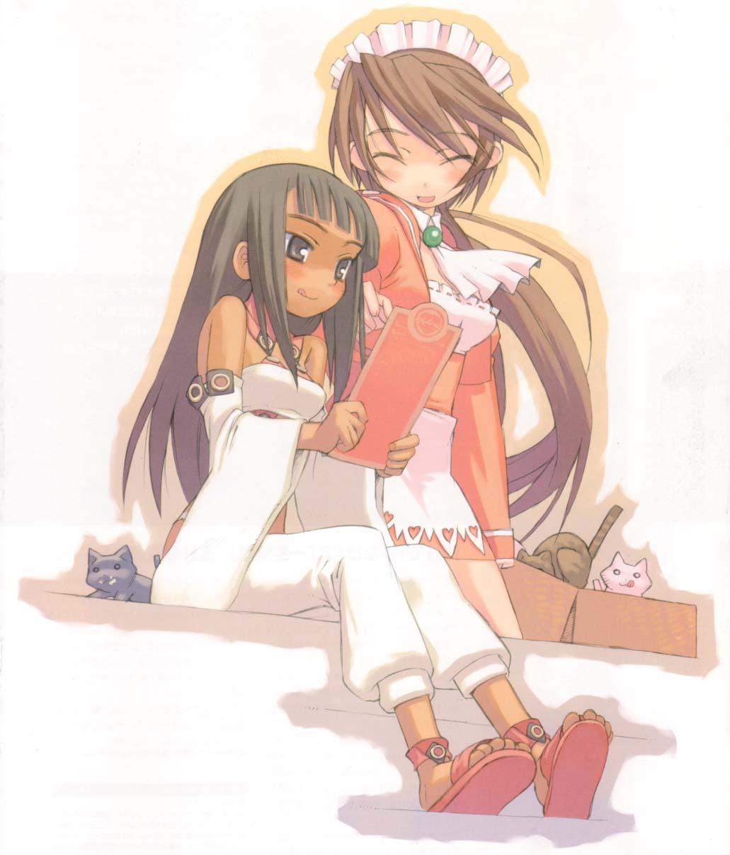 kuroboshi kouhaku, paffel, summon night, summon night 2, lu, highres, 2girls, :d, ^ ^, blush, cat, closed eyes, dark-skinned female, dark skin, flat chest, grey eyes, grey hair, happy, long hair, multiple girls, open mouth, orange shirt, ponytail, sandals, shirt, smile, tongue, very long hair, waitress