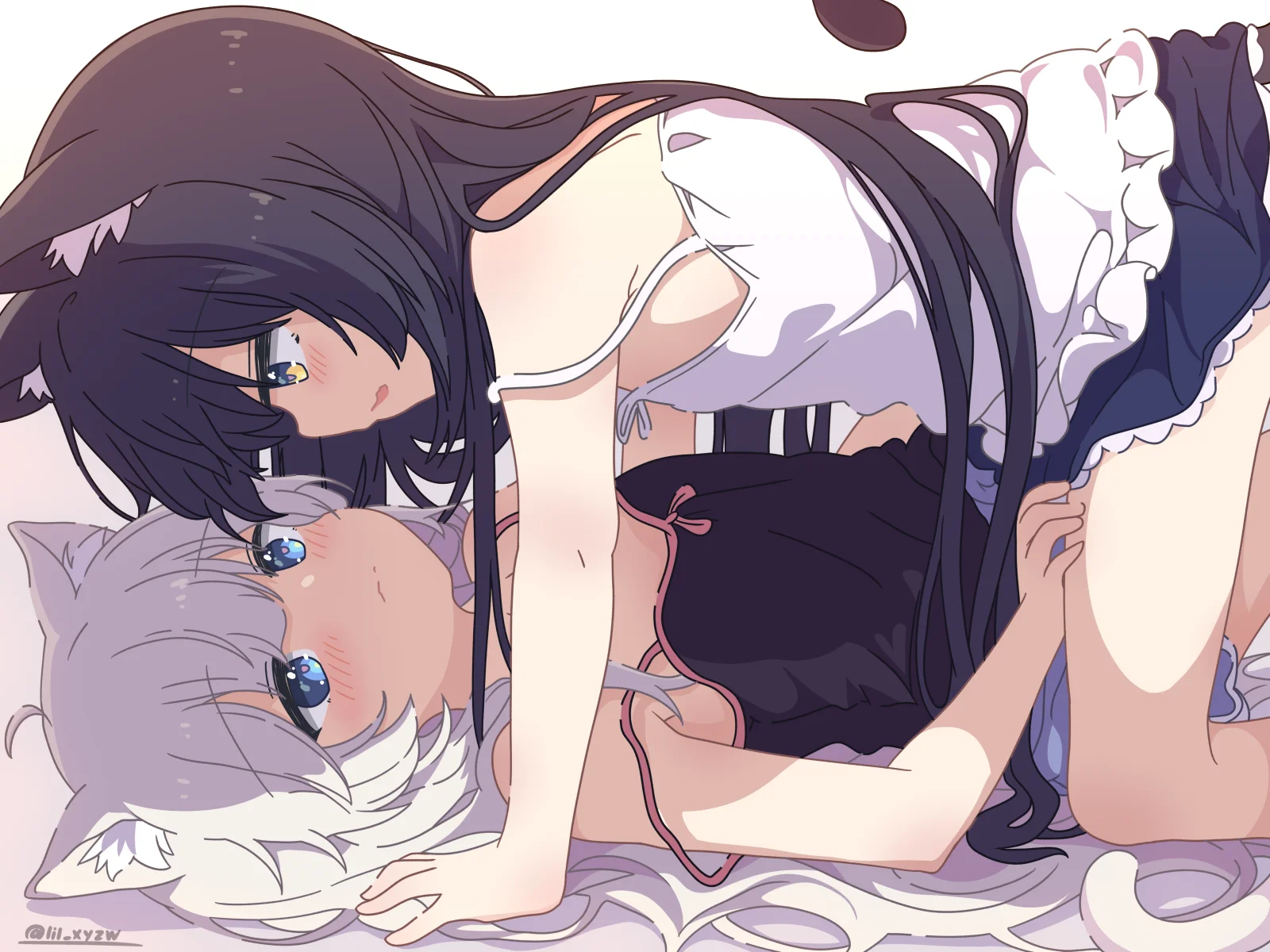 lil (lil xyzw), original, highres, webp-to-png conversion, 2girls, animal ears, black camisole, black hair, blue eyes, blue skirt, camisole, cat ears, cat girl, cat tail, face-to-face, female focus, frilled skirt, frills, girl on top, hand on another's thigh, long hair, looking at another, lying, miniskirt, multiple girls, on back, skirt, strap slip, tail, white camisole, white hair, yellow eyes, yuri