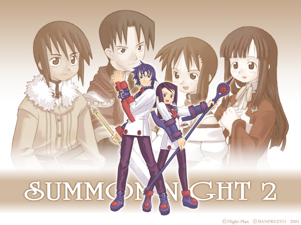 kuroboshi kouhaku, fukazaki touya, hashimoto natsumi, higuchi aya, magna, shindo hayato, shindou hayato (summon night), toris, summon night, summon night 2, official art, official wallpaper, 3boys, 3girls, blue hair, blush, coat, long hair, monochrome, multiple boys, multiple girls, own hands clasped, own hands together, pantyhose, purple eyes, purple hair, sepia, short hair, smile, staff, strap, sword, weapon