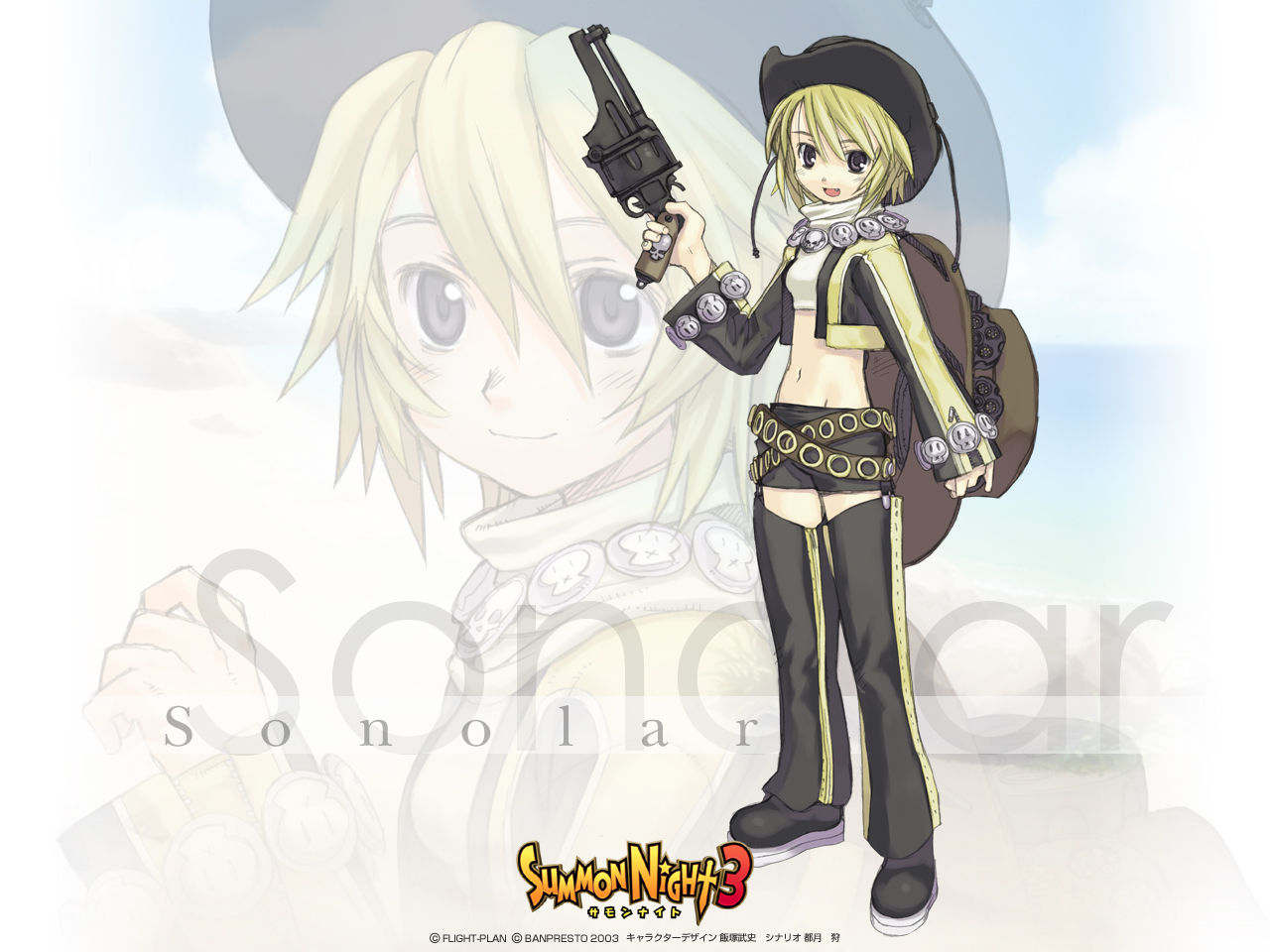 kuroboshi kouhaku, sonolar, summon night, summon night 3, 1girl, belt, belt skirt, black thighhighs, blonde hair, blue eyes, bracelet, chaps, cowboy hat, cowboy western, crop top, fang, female focus, groin, gun, handgun, hat, jewelry, looking at viewer, midriff, navel, necklace, pistol, revolver, short hair, short shorts, shorts, skull, smile, solo, thighhighs, turtleneck, weapon, zettai ryouiki, zoom layer