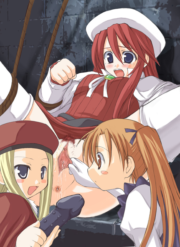 akino hamo, aliese martini, aty (summon night), belfraw martini, summon night, summon night 3, 3girls, :d, anus, bdsm, blonde hair, blush stickers, bondage, bound, brown hair, censored, clitoris, dildo, female pubic hair, holding, long hair, mosaic censoring, multiple girls, open mouth, pubic hair, pussy, pussy juice, sex toy, smile, spread legs, spread pussy, spreading another's pussy, thighhighs, twintails, yuri