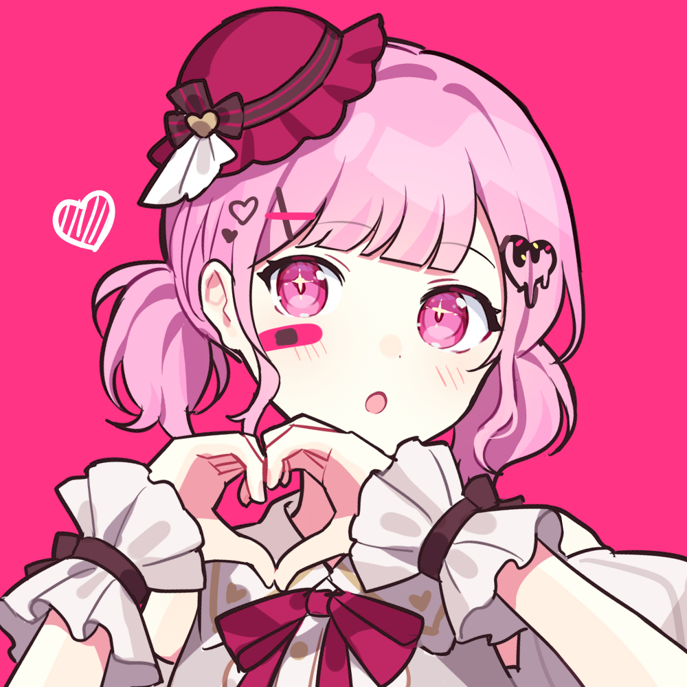 waka (wk4444), ootori emu, project sekai, commentary request, 1girl, bandaid, bandaid on face, blush, bow, bowtie, dress, hair ornament, hat, heart, heart hair ornament, heart hands, himitsu no valentine daisakusen! (project sekai), looking at viewer, low twintails, mini hat, pink background, pink bow, pink bowtie, pink eyes, pink hair, pink hat, pink theme, portrait, short hair, solo, sparkling eyes, twintails, upper body, white dress, wrist cuffs, x hair ornament